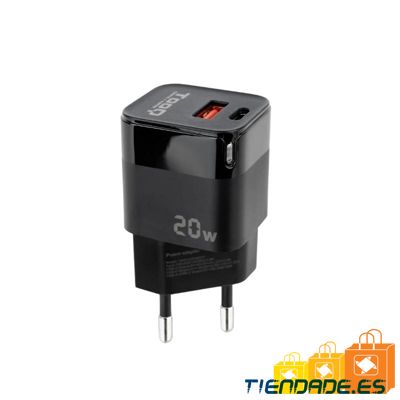 Tooq Cargador pared USB-C PD +USB-A QC 20W Negro